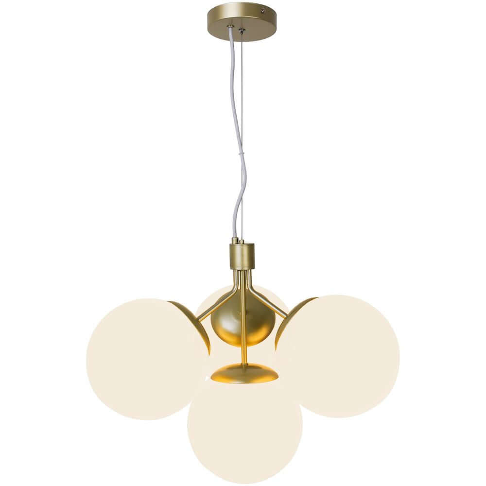 Pendelleuchte Ivona 4-Spot mit elegantem Messingdesign und Opalglaskugeln.