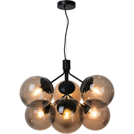 Pendelleuchte Ivona 6-Spot mit rauchgläsernen Kugeln und schwarzem Stahl für modernes Design