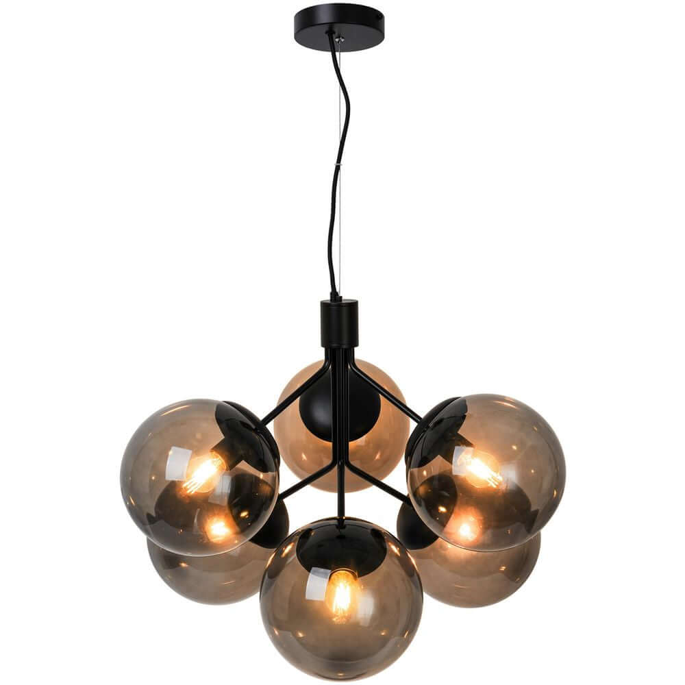 Pendelleuchte Ivona 6-Spot mit rauchglas-Glaskugeln und schwarzem Stahl-Design.