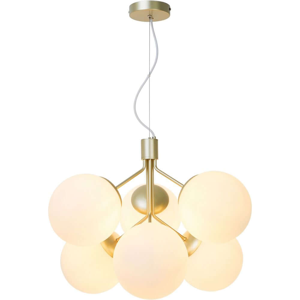 Pendelleuchte Ivona 6-Spot mit modernen Glaskugeln und industriellem Design aus schwarzem Stahl und Rauchglas.