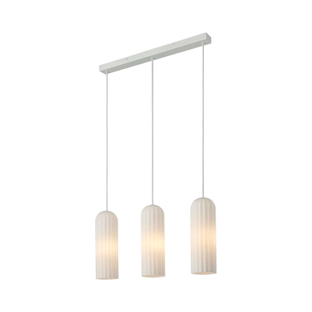 Pendelleuchte Miella 3-Rail mit elegantem Design und geripptem Glas, ideal für Esstische und Kücheninseln.