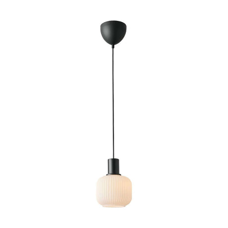 Milford Mini pendant light with opal white glass and black metal element, elegant design.