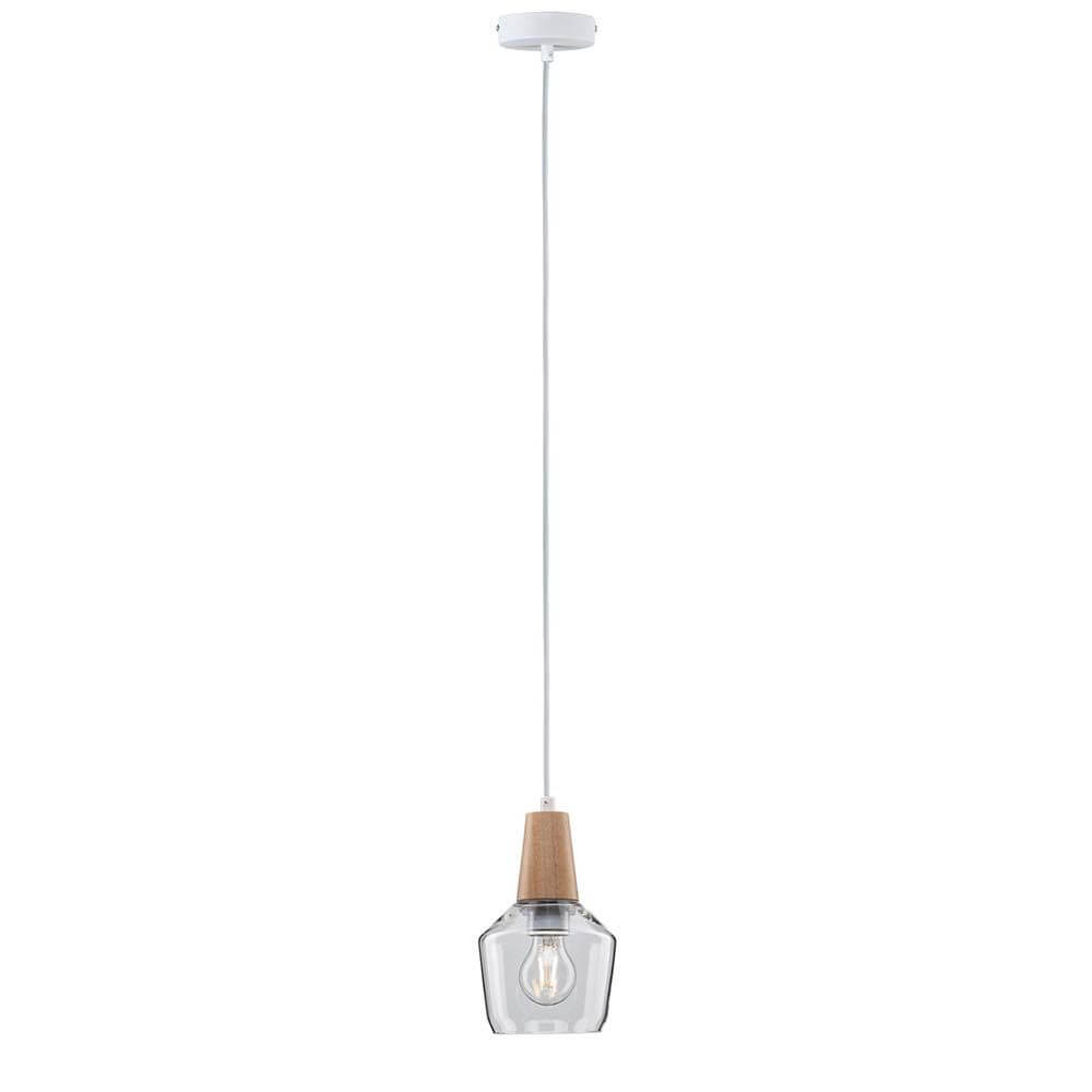 Pendelleuchte Neordic Yva mit klarem Glas und Holzdetails für skandinavischen Stil, ideal mit dimmbaren Leuchtmitteln.