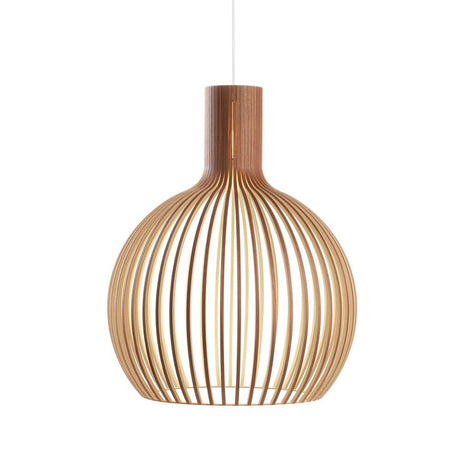 Octo 4240 pendant light made of wood Ø 54 cm with curved wooden slats made of Finnish birch wood.