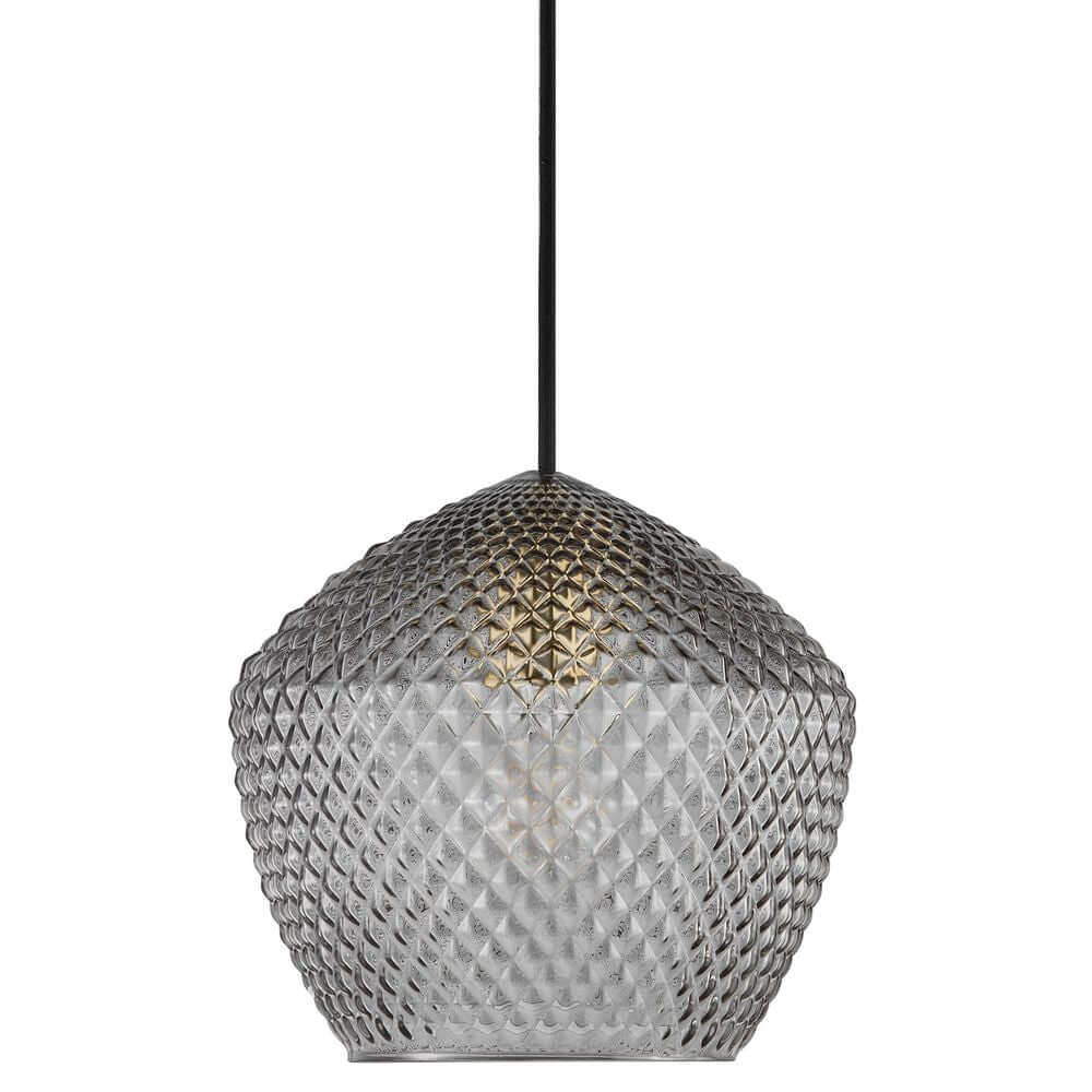 Pendelleuchte Orbiform in gebürstetem Messing mit einzigartigem Glasdesign und Diamantenmuster.