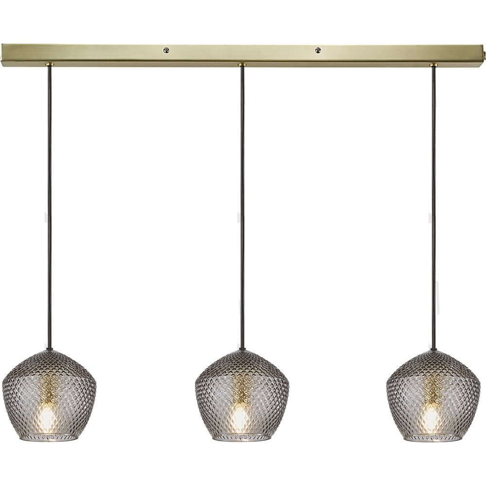 Pendelleuchte Orbiform 3-Spot mit gebürstetem Messing und Pentagon-Glaskuppeln.