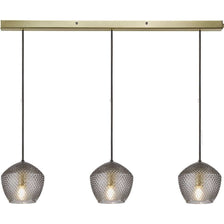 Pendelleuchte Orbiform 3-Spot aus gebürstetem Messing mit Pentagon-Glaskuppeln und Diamantenmuster