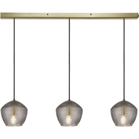Orbiform 3-spot pendant light with brushed brass and pentagon glass domes.