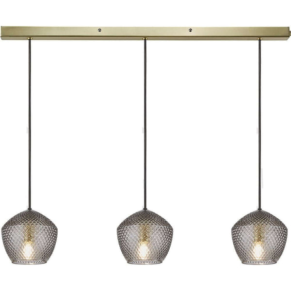 Pendelleuchte Orbiform 3-Spot aus gebürstetem Messing mit Pentagon-Glaskuppeln und Diamantenmuster