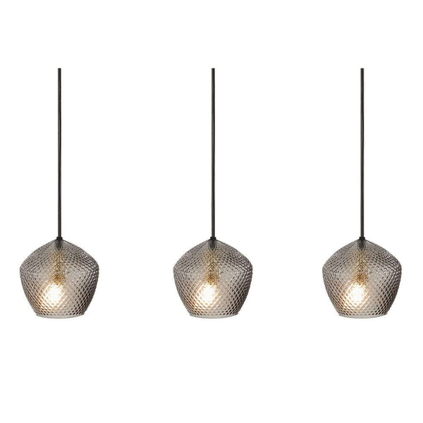 Pendelleuchte Orbiform 3-Spot aus gebürstetem Messing mit pentagonaler Glaskuppel und Diamantenmuster