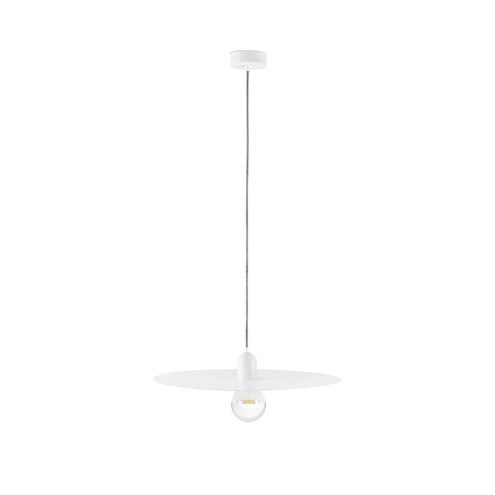 Pendelleuchte PLAT Weiß in modernem Design mit weißem Lampenschirm und klarer Glühbirne.