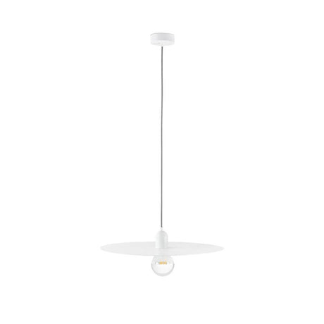 Pendelleuchte PLAT Weiß in modernem Design mit weißem Lampenschirm und klarer Glühbirne.
