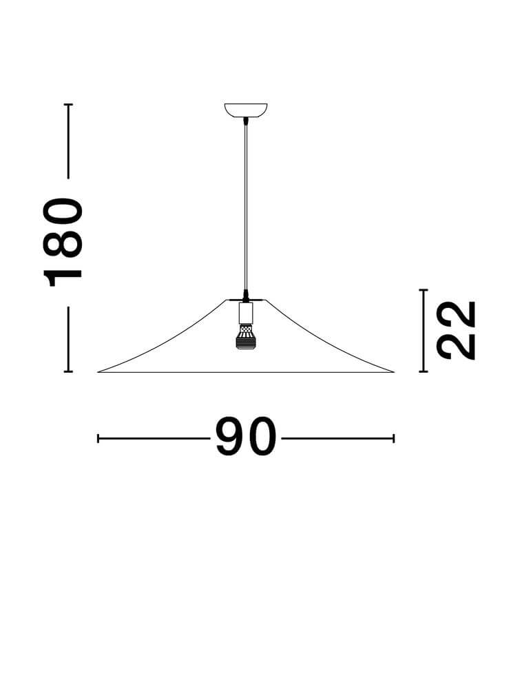 Pendelleuchte Pendelleuchte Weiß - technische Zeichnung mit Abmessungen 90 cm Breite, 180 cm Höhe und 22 cm Höhe.