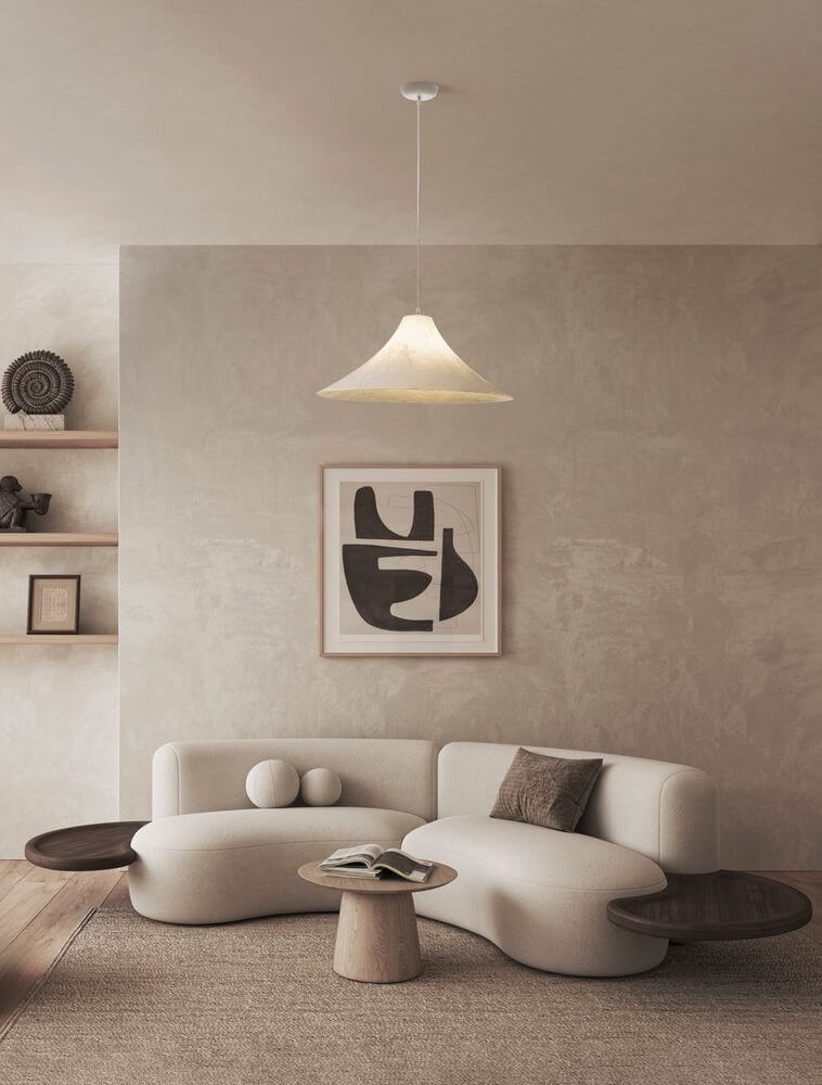 Pendelleuchte Pendelleuchte Weiß in modernem Wohnraum mit stilvoller Couch und Kunstwerk an der Wand.