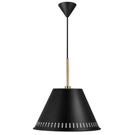 Elegant Pine pendant light with a black lampshade and golden details, perfect for modern interiors.