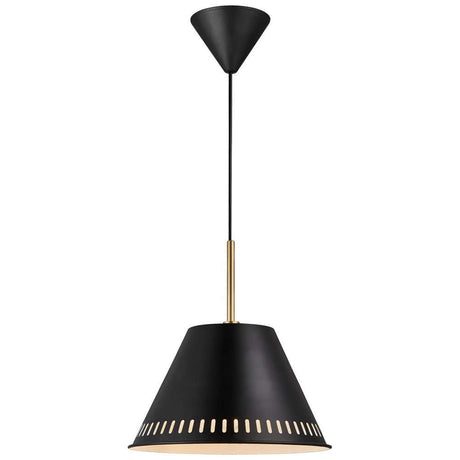 Pine pendant light in a modern black design with golden accents and a conical shape.
