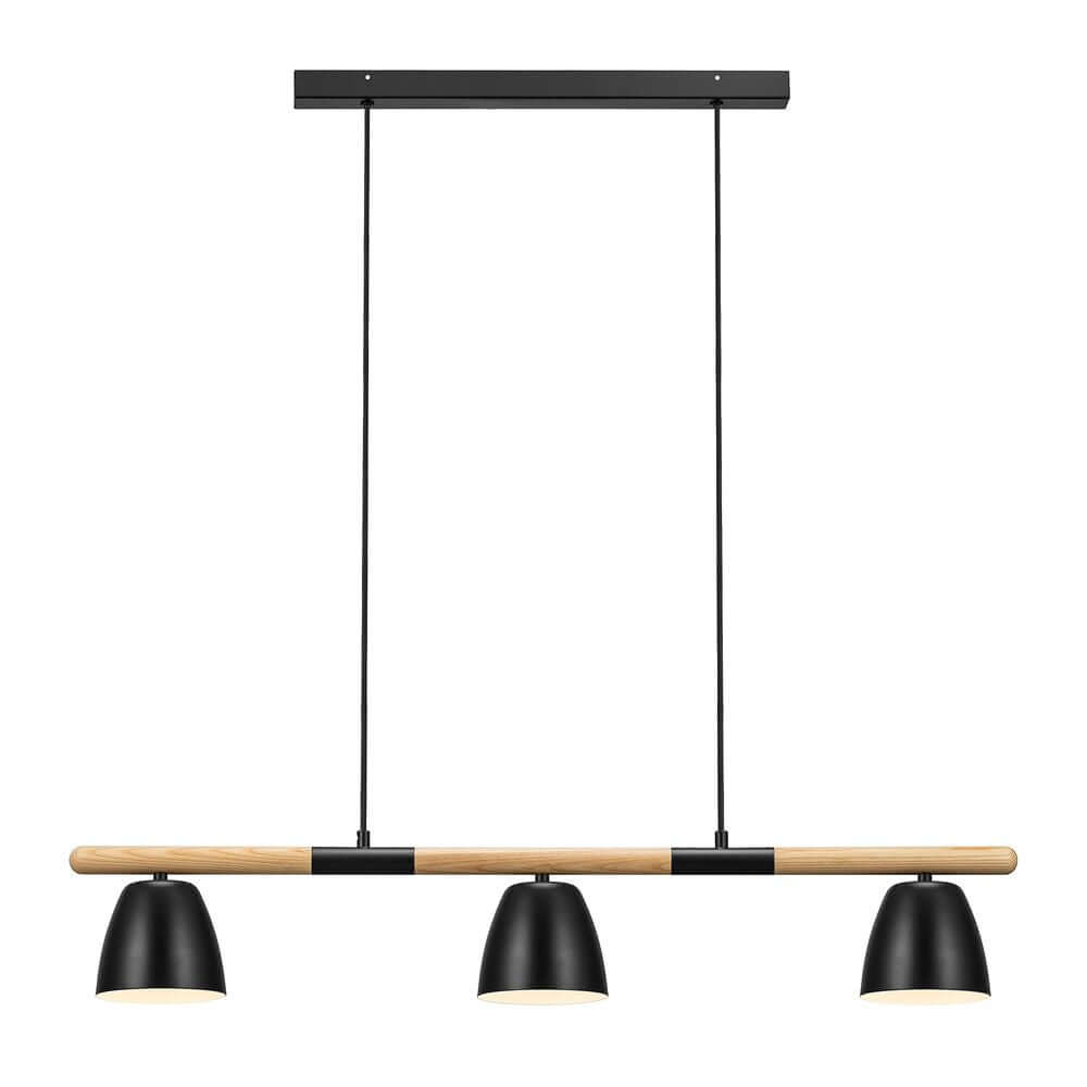Pendelleuchte Theo aus Holz und Metall, moderne Lampe mit Eschenholzelementen für angenehmes Ambiente.