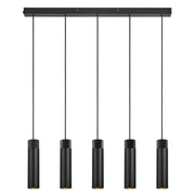 Pendelleuchte Tilo 5-Spot aus schwarzem Metall und Eschenholz, minimalistische skandinavische Pendelleuchte mit 5 Leuchten