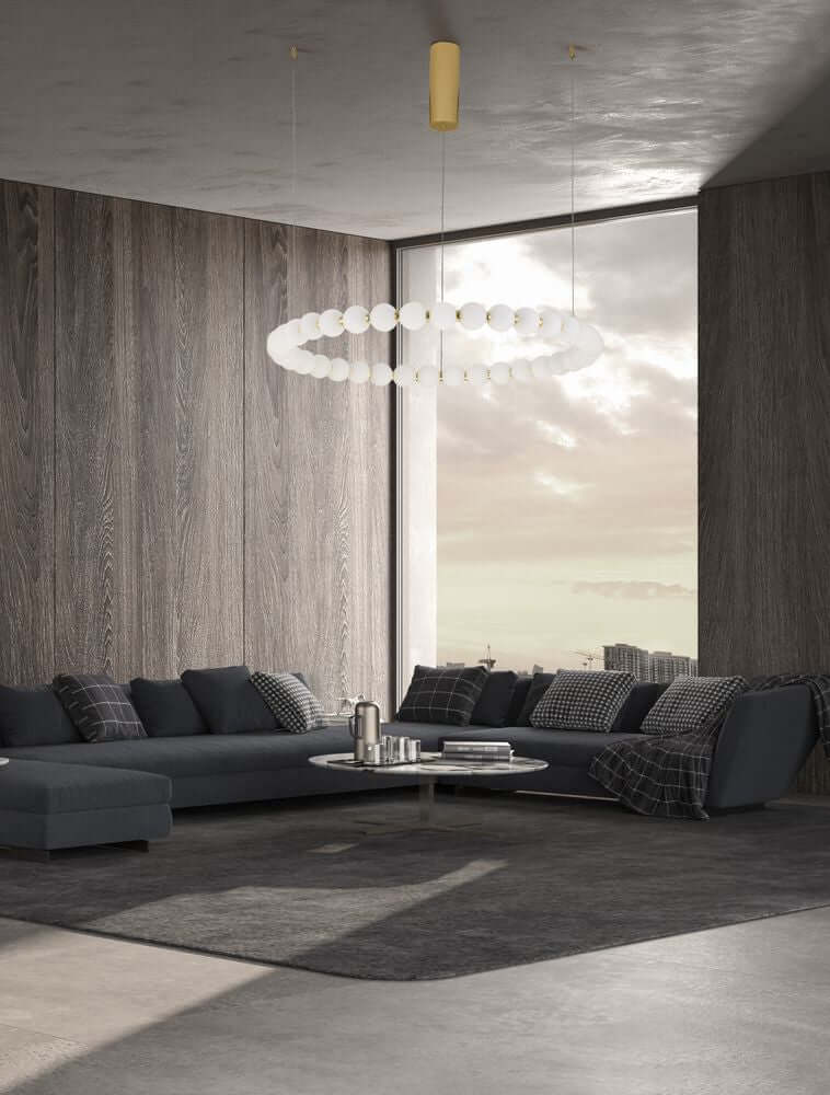Perla LED Pendelleuchte 36-flammig Ø 80cm 3000K hängende runde Opalglas LED Lampe über modernem Wohnzimmer