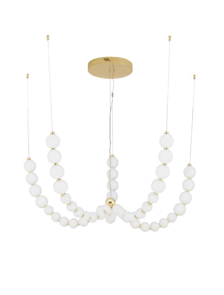 Perla LED Pendelleuchte 55-flammig Ø 118cm 3000K Gold mit elegantem Opalglas und goldfarbenem Metall.
