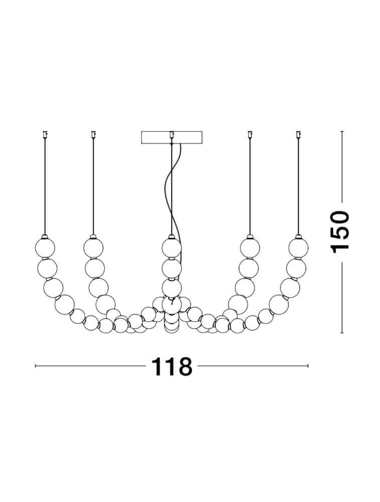Perla LED Pendelleuchte 55-flammig Ø 118cm 3000K Gold Skizze mit Abmessungen 118cm Breite und 150cm Höhe.