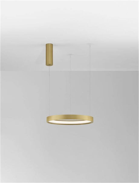Gammelt tag: Perrine LED Pendel Ø 40cm 3000K gylden lysring lavet af børstet aluminium, minimalistisk design over spisebordet eller kontoret