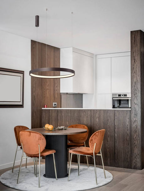 Perrine LED Pendel Ø 60cm 3000K over spisebord, nikkelfarvet rund LED Pendel 3000K, moderne minimalistisk design