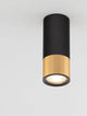 Alt Tag: Picto Deckenleuchte GU10 Ø 6cm Schwarz, Gold - minimalistische Deckenleuchte mit schwarzem Aluminiumzylinder und goldener Akzentblende, warmweißes LED-Licht