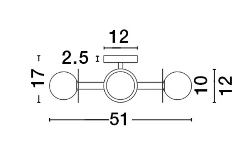 Technische Zeichnung der Pielo Deckenleuchte G9 4-flammig mit Maßen und Details.