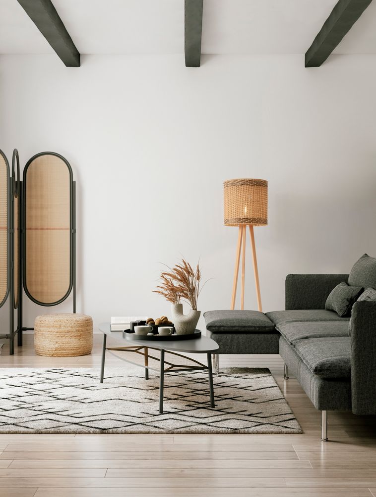 Plette Stehlampe Natur im modernen Wohnzimmer mit bequemer Couch und stilvollem Teppich.