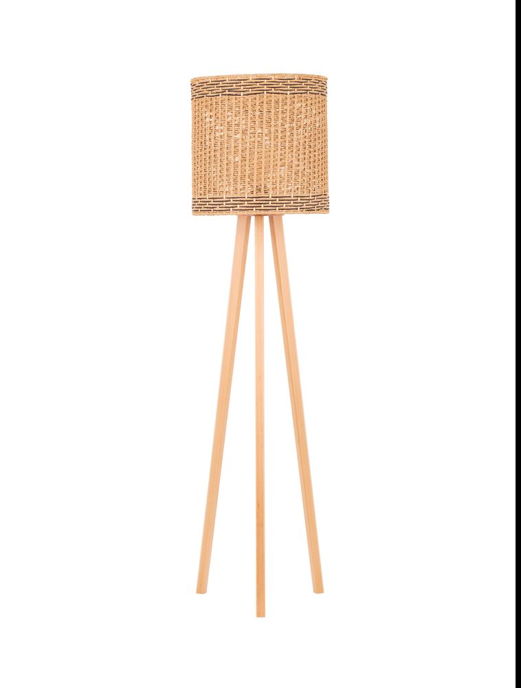 Plette Stehlampe Natur mit Rattan-Schirm und Holzbeinen, perfekt für eine gemütliche Wohnatmosphäre.