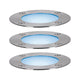 Set aus drei runden Plug & Shine LED Bodeneinbaustrahlern mit blauem Licht für Gartenbeleuchtung.