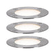 Set mit drei runden Plug & Shine LED Bodeneinbaustrahlern für Gartenbeleuchtung in modernem Design.