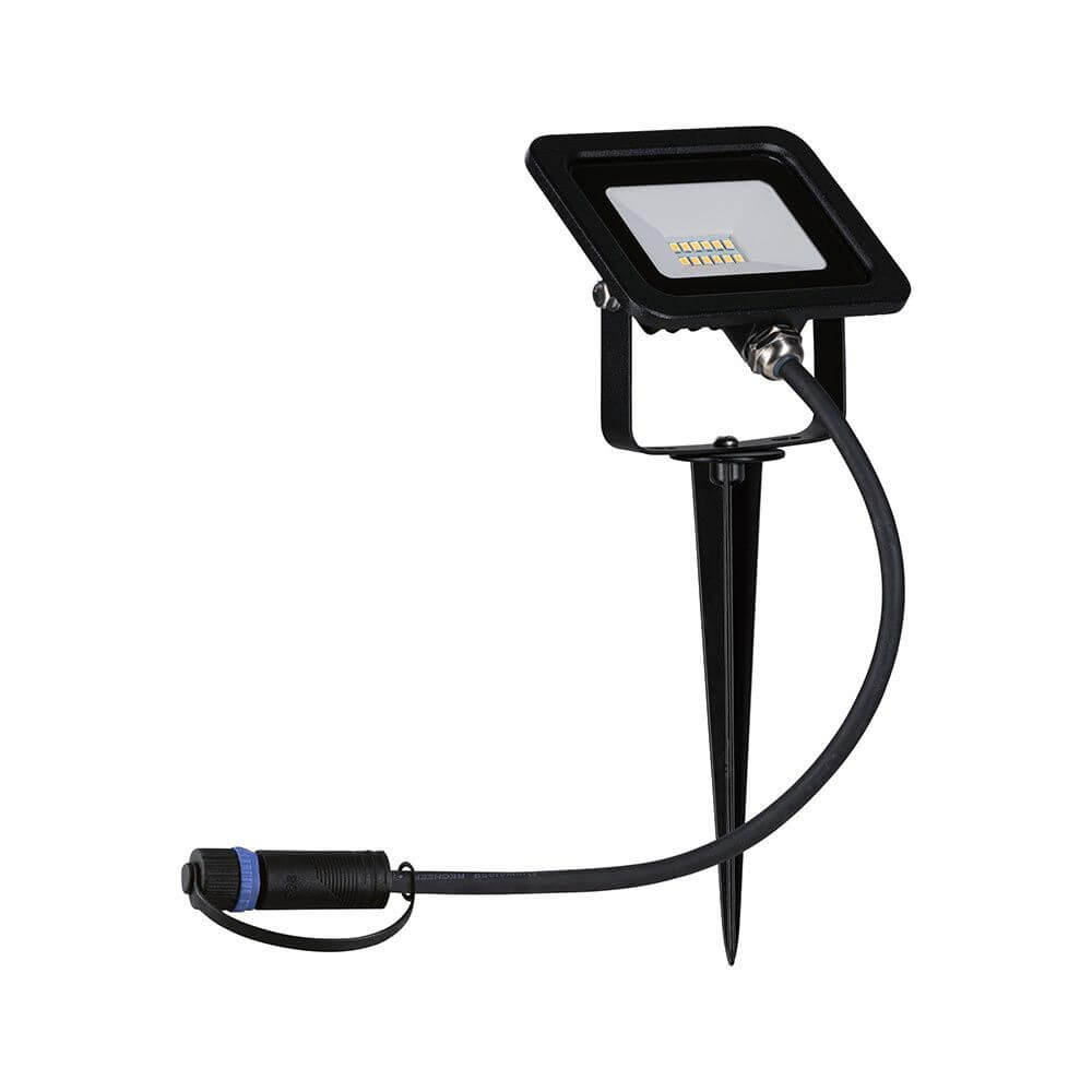 Plug & Shine LED Gartenstrahler Fluter IP65 Schwarz mit Montagespieß für flexible Anordnung im Garten.