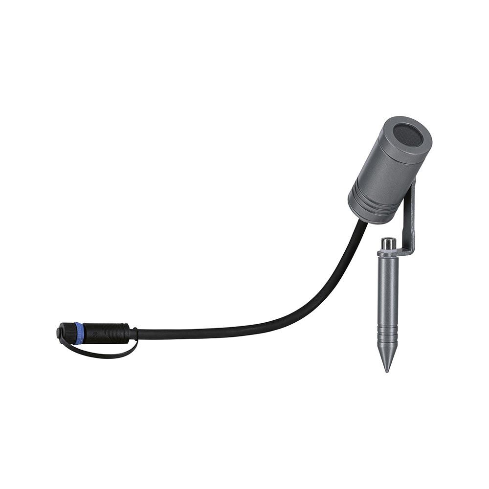 Plug & Shine LED Gartenstrahler Radix in Grau mit wetterbeständigem Design und flexibler Lichtausrichtung.