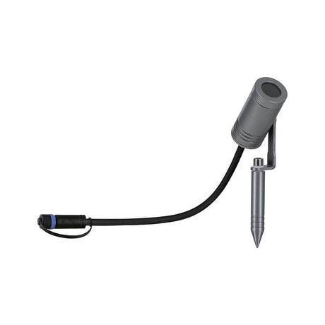 Projecteur de jardin Plug & Shine LED Radix IP65 gris avec câble et piquet de terre pour une mise en lumière personnalisée dans le jardin.