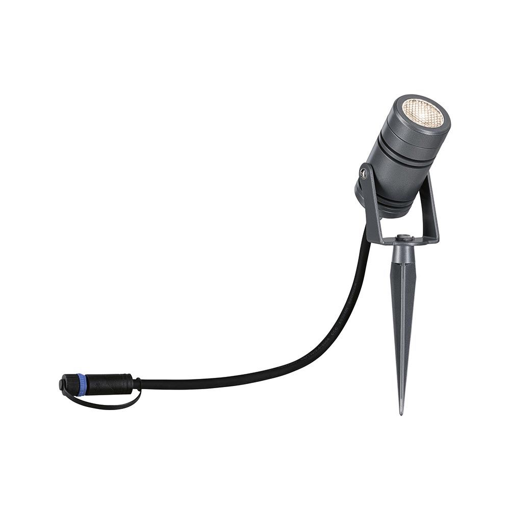 Plug & Shine LED Gartenstrahler Radon in Grau, ideal für die Beleuchtung von Pflanzen und Bäumen im Außenbereich.