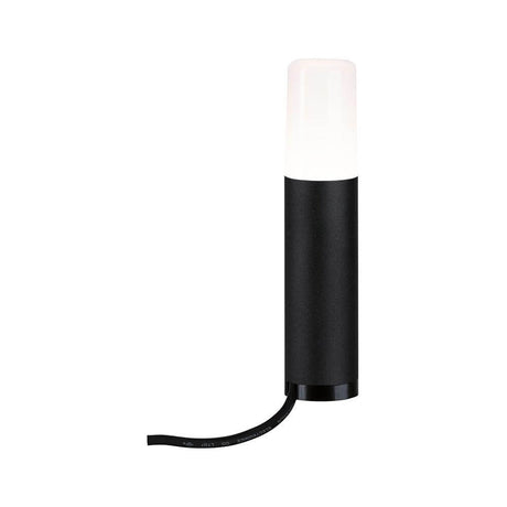Lampadaire borne Plug & Shine LED Flarea métal noir IP65 avec boîtier noir et lumière d’ambiance.