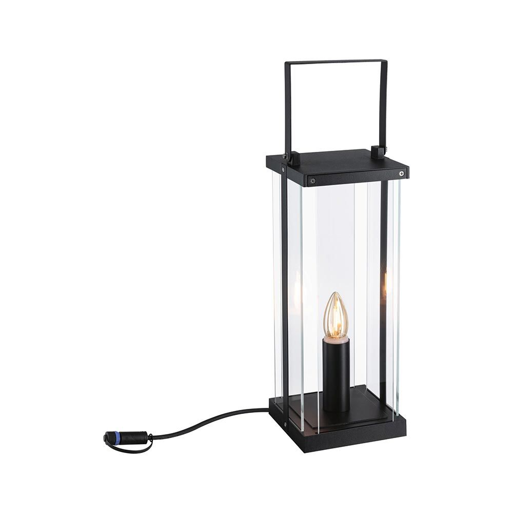 Klassische Laterne Bodenleuchte Plug & Shine in Anthrazit mit goldenem Licht für den Außenbereich.