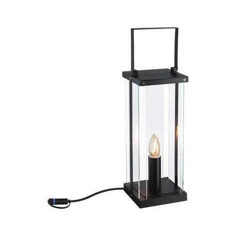 Plug & Shine Laterne Bodenleuchte Classic Anthrazit mit goldenem Licht für den Außenbereich.