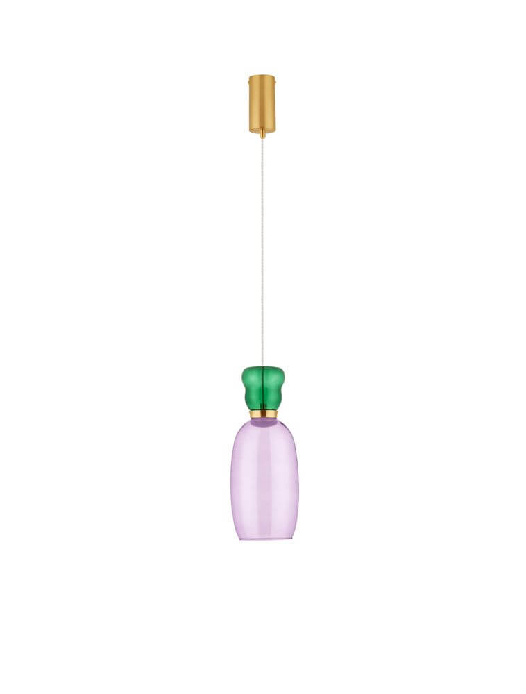 Pluma LED Pendelleuchte Ø 15cm 3000K Mehrfarbig mit zartem Glasleuchtenschirm in Gold, Blau und Rauch.