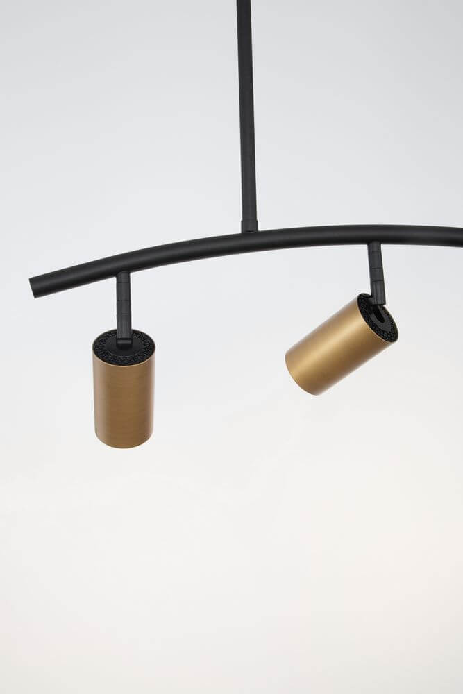 Pogno Pendelleuchte 3-flammig Bogen Schwarz, Gold – elegante moderne Leuchte mit schwarzen und goldenen Lampenschirmen.