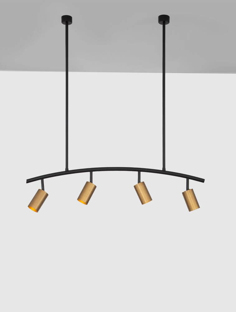 Pogno Pendelleuchte 4-flammig Bogen Schwarz, Gold, modernes Design mit goldenen Spotlights.