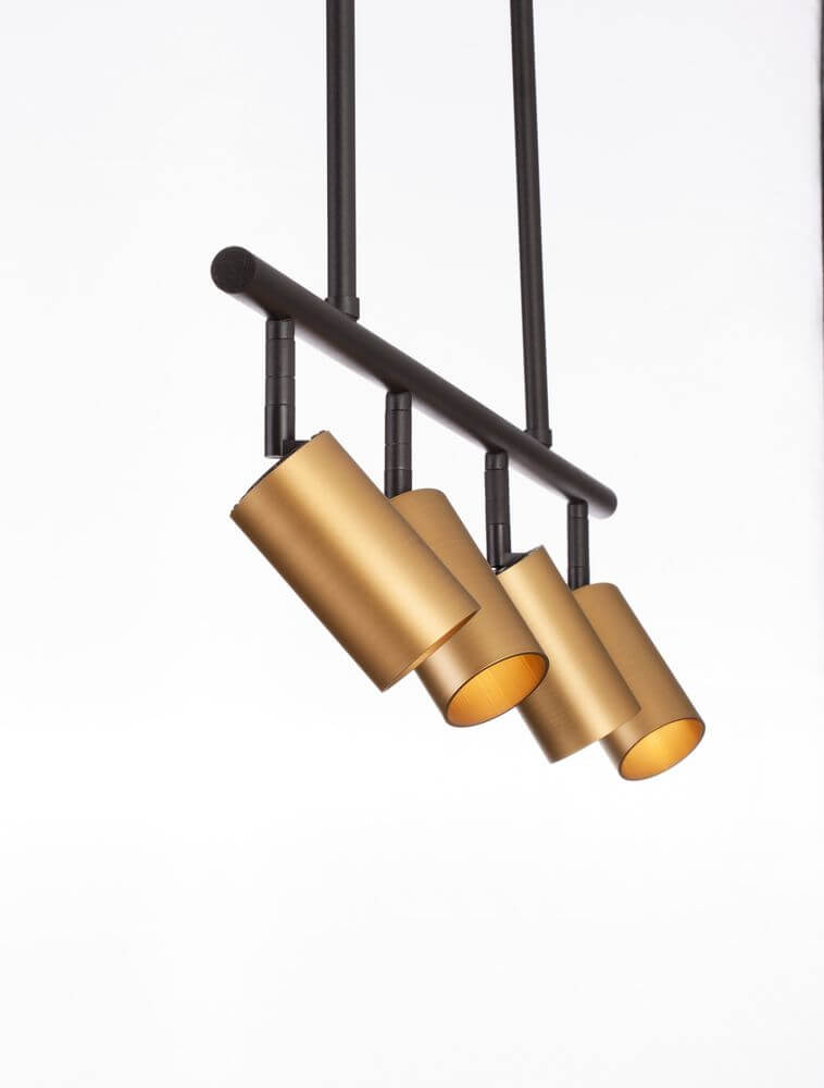 Pogno Pendelleuchte 4-flammig Schwarz, Gold - elegante Deckenleuchte mit goldenen Lampenschirmen.