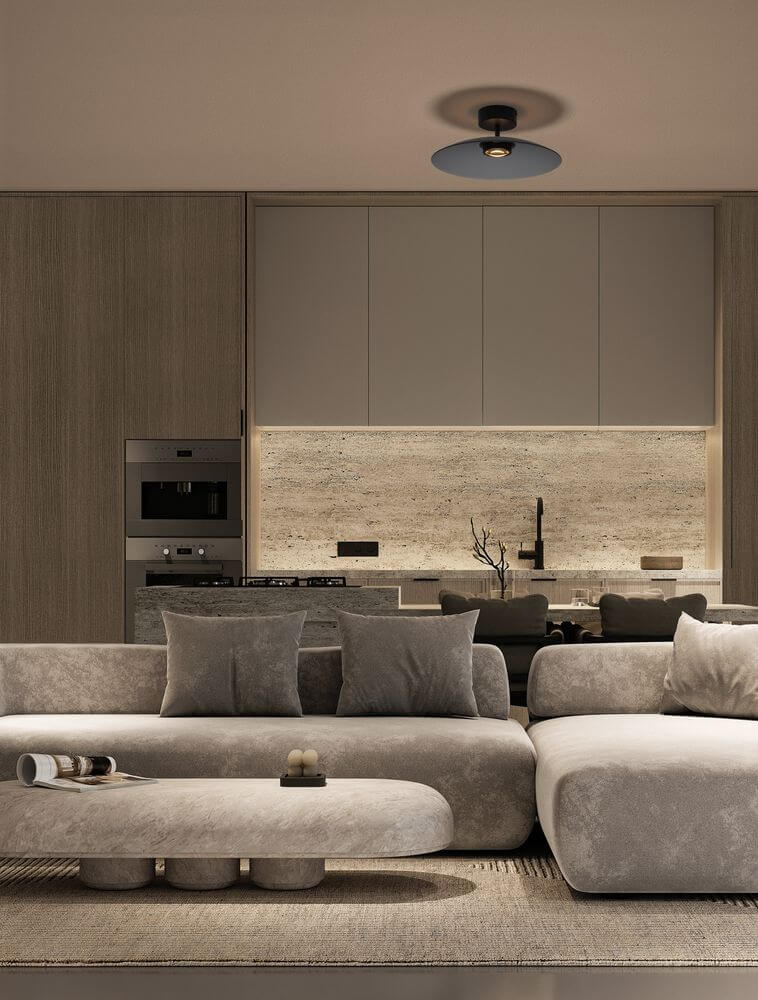 Polifemo LED Deckenleuchte in modernem Wohnraum mit eleganter Einrichtung und neutralen Farben.