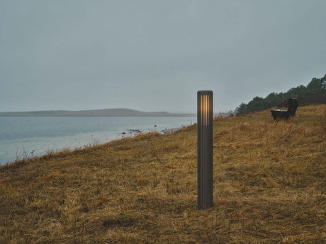 Pollerleuchte Aludra 95 Seaside IP44 in einer Landschaft am Wasser bei bewölktem Himmel.