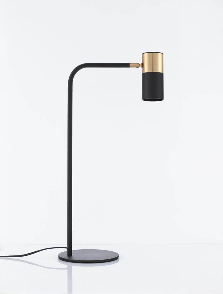 Pongo Tischleuchte Schwarz, Gold in elegantem Design aus schwarzem Metall mit goldener Leuchte.