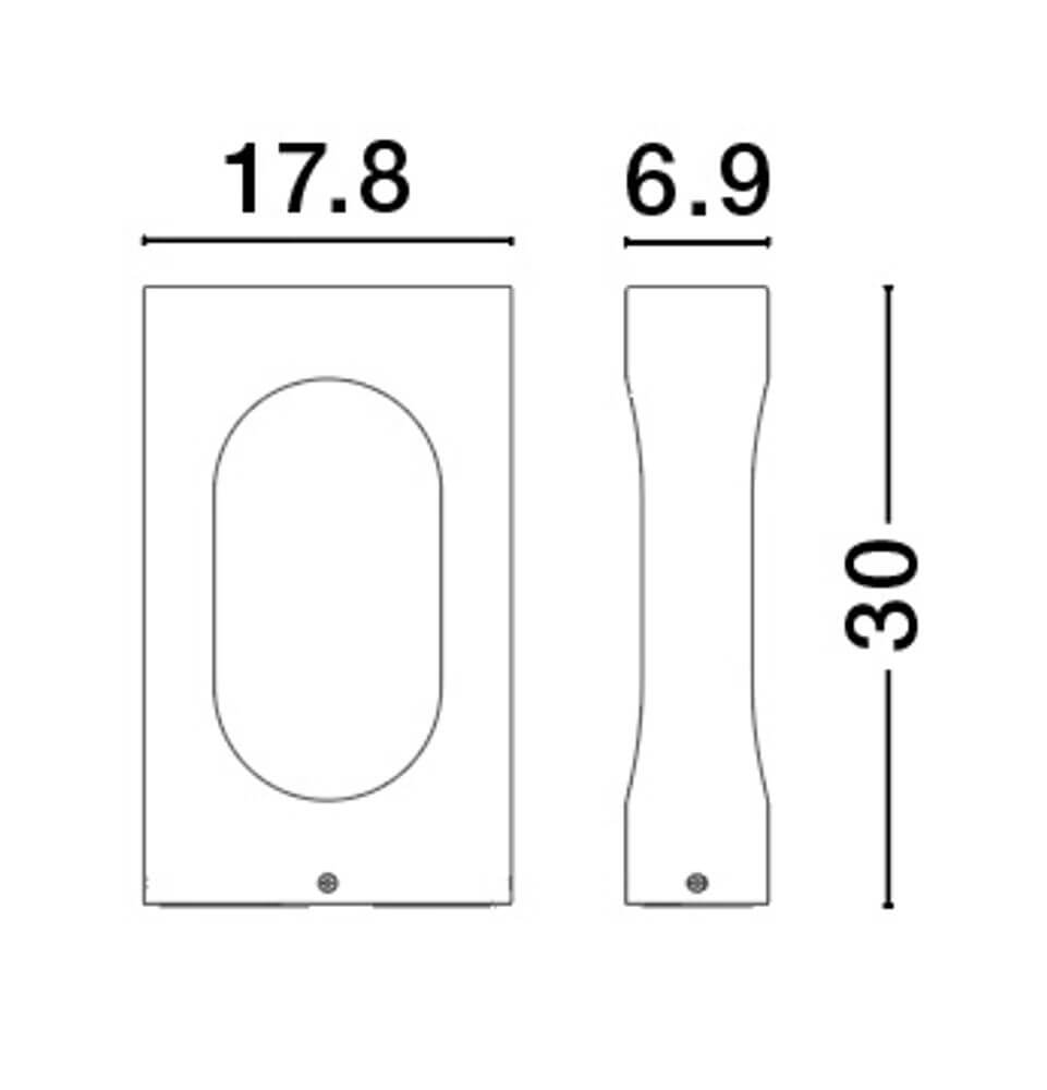 Portal LED Außensockelleuchte 3000K Schwarz IP54 Maßzeichnung mit Abmessungen von 17.8, 6.9 und 30 cm.