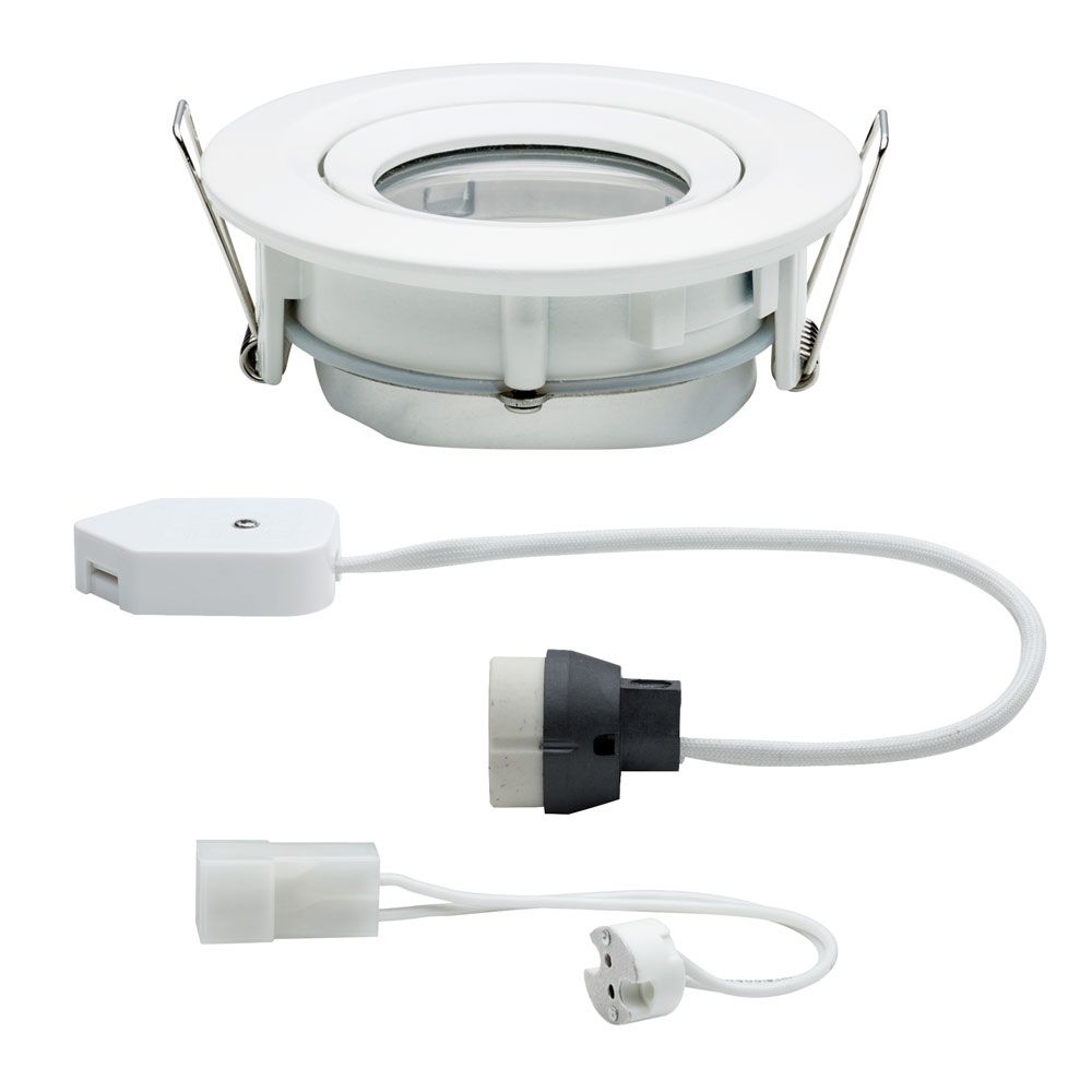 Premium EBS Nova IP65 schwenkbarer Einbaustrahler in Weiß, ideal für Feuchträume mit modernen Leuchtmitteloptionen.