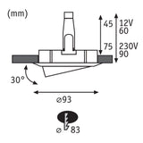 Technische Zeichnung des Premium EBS Nova Einbaustrahlers mit IP65 Schutz, Maße und Anschlussdetails.